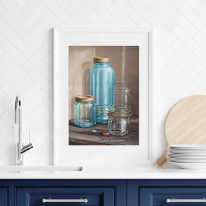 Vintage Blue Glass Bottles and Mason Jars