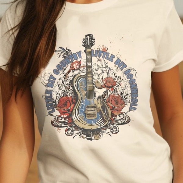 Little Bit Country Little Bit Rock N Roll Soft Cotton T-Shirt in Natural, Guitar & Western Floral  Design, Fun Gift For Music Lovers
