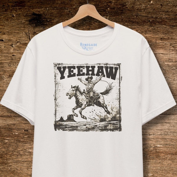 Funny YEEHAW Short Sleeve Tee Silly Cowboy Art Soft Cotton T-Shirt Crazy Horse And Rider Graphic Unisex Crew Neck T-Shirt Have A Laugh