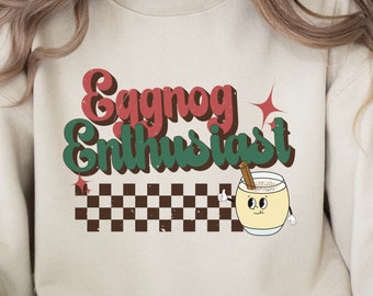 Retro Eggnog Enthusiast Christmas Sweatshirt with Mascot Design, Unisex Vintage Inspired Xmas Crewneck Outfit, Cozy Eggnog Lover Pullover