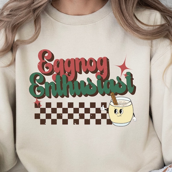 Retro Eggnog Enthusiast Christmas Sweatshirt with Mascot Design, Unisex Vintage Inspired Xmas Crewneck Outfit, Cozy Eggnog Lover Pullover