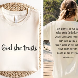Camisa cristiana para mujeres, en Dios ella confía en la camisa, sudadera religiosa, camisa de fe, camisa de la iglesia, camiseta de Jesús, camiseta de ropa cristiana