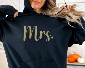 Minimalist Mrs Hoodie, Gold Print Bridal Party Sweatshirt