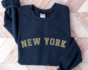 New York Gold Print Sweatshirt, College Crewneck