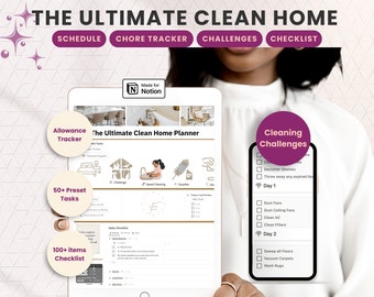 Programme de nettoyage : modèle de notion pour une maison propre, planificateur numérique, liste de tâches ménagères modifiable pour le TDAH, liste de contrôle annuelle de la maison pour les mamans occupées