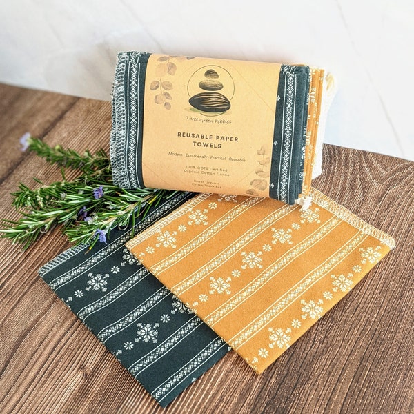 Reusable Paperless Paper Towels 12"x11" 100% Organic Cotton Flannel French Countryside Gold Green ZeroWaste Sustainable Kitchen + Wash Bag