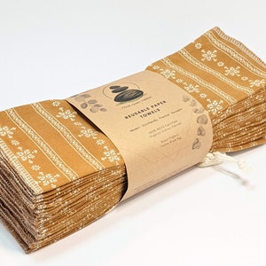 Reusable Organic Paperless Towels 100% Cotton Flannel 12"x11" Caramel French Countryside Zero Waste Sustainable Kitchen + Organic Wash Bag