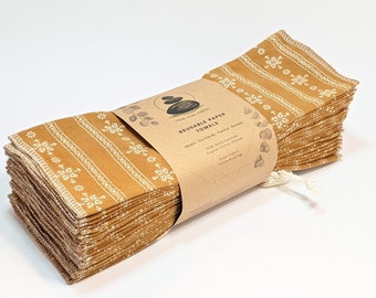 Reusable Organic Paperless Towels 100% Cotton Flannel 12"x11" Caramel French Countryside Zero Waste Sustainable Kitchen + Organic Wash Bag