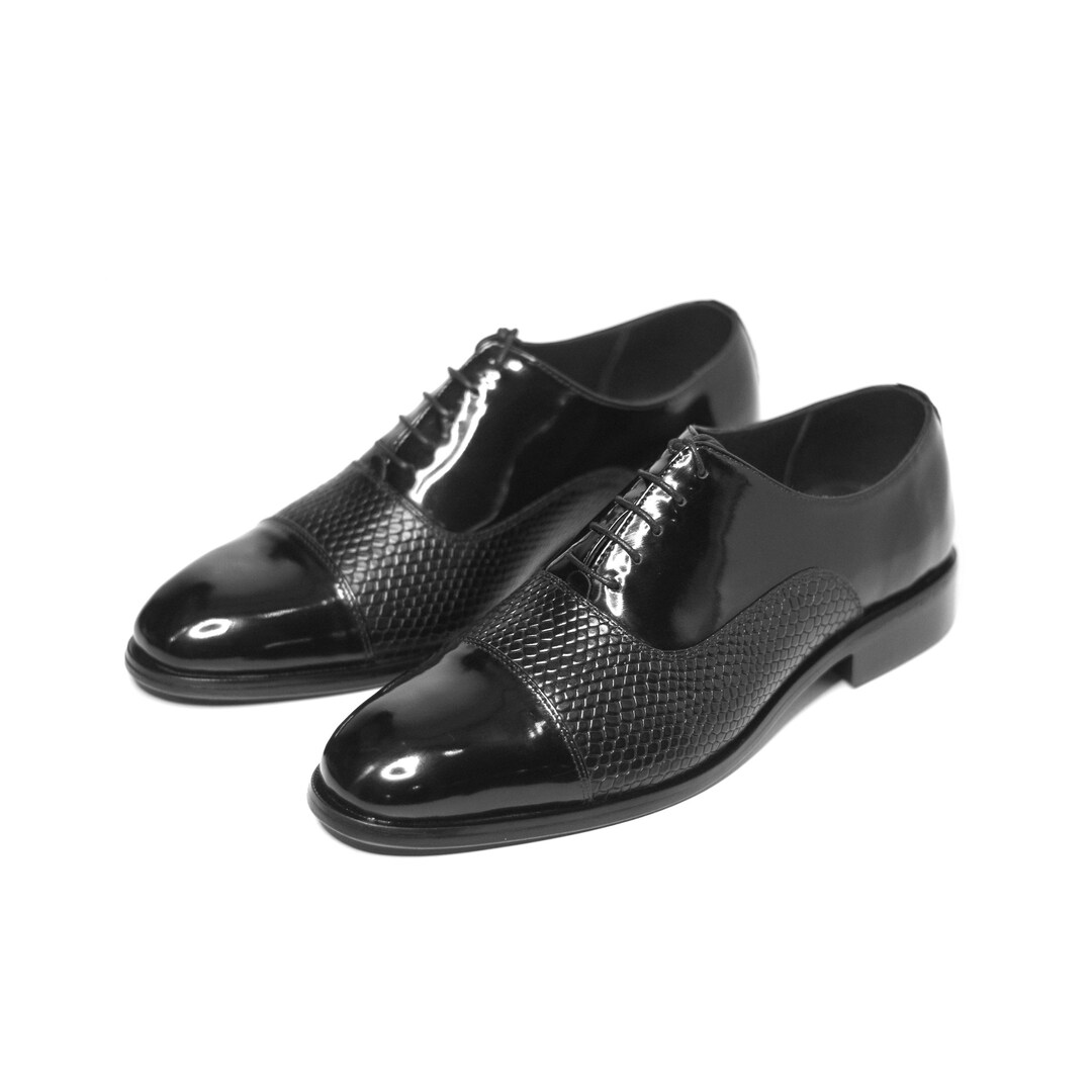 Textured Oxford Shoes Patent Leather and Faux Snake Texture Handmade Cow and Calf Leather Custom