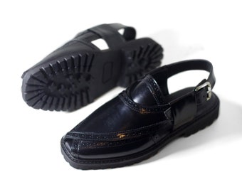 Black peshawari chappal sandal handmade cow leather brogue pattern custom imported rubber sole eastern, formal and semi formal dressing