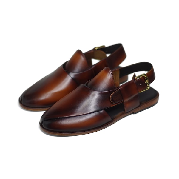 Peshawari chappal handmade in cow leather dual tone brown custom leather sole eastern wear, formal and semi formal, dress shoes