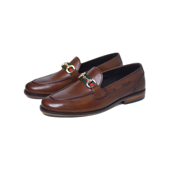 Brown loafers horsebit buckle style handmade cow and calf leather mocassins, formal and semi formal, party shoes, office shoes