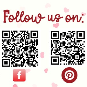 May include: Follow us on: A black and white QR code with a blue Facebook logo and a red Pinterest logo with a white letter P.