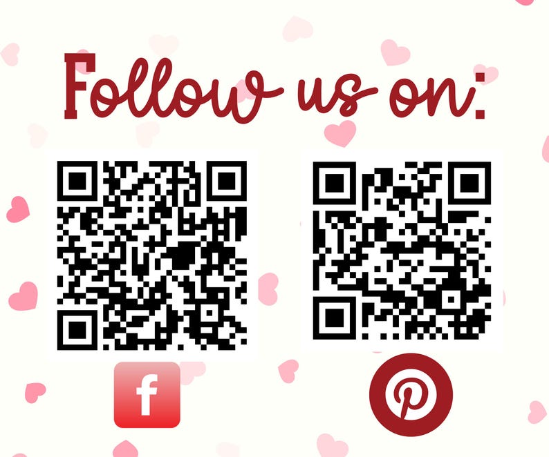 May include: Follow us on: A black and white QR code with a blue Facebook logo and a red Pinterest logo with a white letter P.