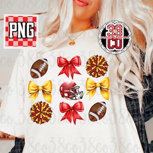 Red Football coquette bows png, red and gold bows png, red and gold football design png, football helmet png, trendy football fan png