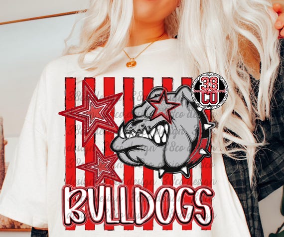 red and black striped mascot png, bulldog, preppy png, striped coquette design, school spirit shirt png file, team design, faux glitter