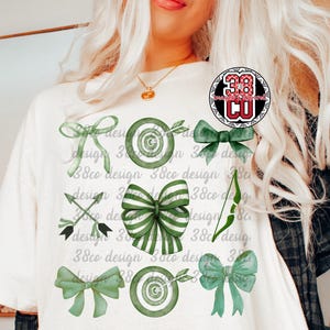 Green Archery coquette  png, brush strokes, bullseye archery png, bow and arrows png, watercolor sublimation design, archery mom png, match