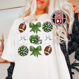 Green Football coquette bows png, green bows png, green and white football design png, football helmet png, trendy football fan png, preppy
