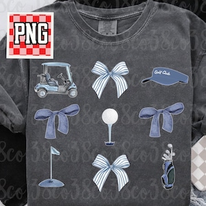 niebieska golfowa kokietka png, golf i kokardy png, piłka golfowa png, golfistka mama png, golfowa dama png, niebieskie kokardy, kije golfowe, wózek golfowy png, modny golf