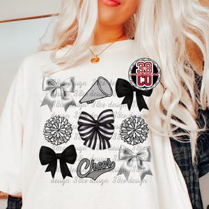 Black and Silver Cheer coquette png, team spirit png, comp day, cheer coquette design, silver bow png, cheerleading png, cheerleader design