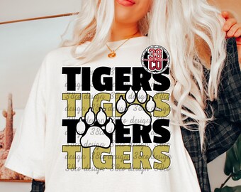 Día del juego en negro y dorado, PNG, tigre, espíritu escolar, PNG, mascota apilada, PNG, mascota retro, texto apilado, PNG, huella de pata, orgullo de equipo