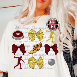 May include: White t-shirt featuring athletic-themed graphics. Includes a discus, running figure, bows, and winged shoe. The design incorporates red, yellow, and gray elements, with the text "38co design" repeated throughout.