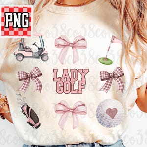 różowa golfowa kokietka png, golf i kokardy png, piłka golfowa png, golfistka mama png, golfowa dama png, różowe kokardy, kije golfowe, wózek golfowy png, modny golf