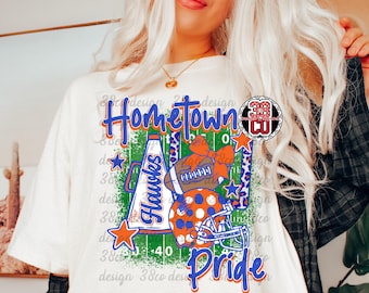 blue and orange football png, hometown png, hawk png, team spirit png, mascot png, retro mascot png, school pride png, spirit wear