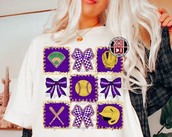 purple and gold softball coquette png, team spirit design for gameday, softball bow, helmet, softball field, ballpark design