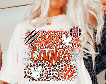 eagle png,  black and orange gameday, team spirit, leopard pattern, mascot png, preppy school spirit png, faux glitter png design, claw