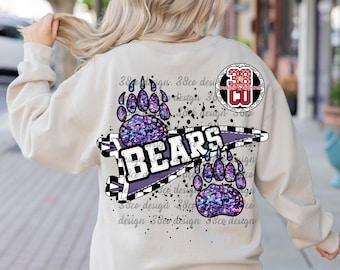 Purple Bears coquette png faux sequin, team spirit png, go team png, text png, team png, pennant png, paw print