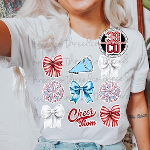 Blue Cheer MOM coquette png, team spirit png, custom mascot, cheer coquette design, blue bow png, custom cheerleading png, Cheer coach