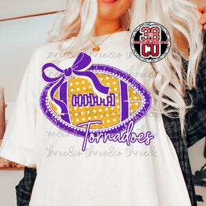tornado coquette png, ruffles png, custom mascot png, retro mascot png, pearls png, polka dot football png, high school png, purple and gold