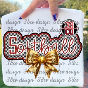 red and black softball png, gameday design, checkered pattern, gold sequin bow, softball season, trendy sports fan, softball mom