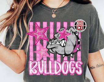 pink striped mascot png, bulldog, preppy png, striped coquette design, school spirit shirt png file, team design, faux glitter