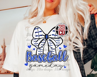 blue Baseball game day PNG, coquette bow, baseball bow, baseball season png, baseball season, vintage baseball, blue baseball bow png