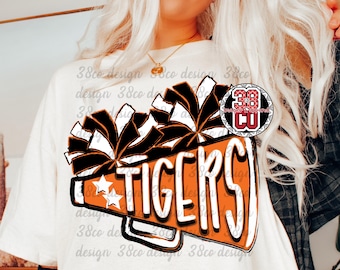 black and orange Cheer coquette png, tiger png, team spirit png, youth cheer, gameday design, cheerleading png, cheer team png, doodle
