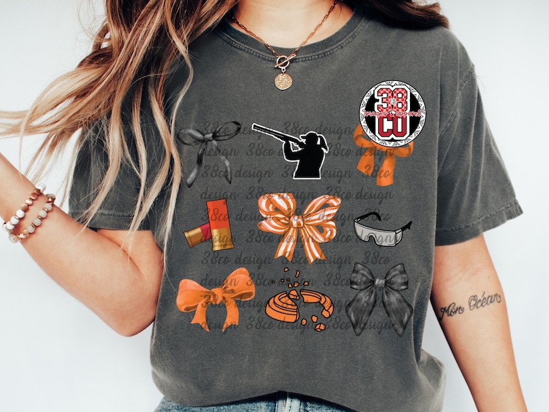 girl shooting skeet coquette png, clay pigeon png, sport shooting png, shooting target png, skeet target png, orange bow png, skeet shooting image 3