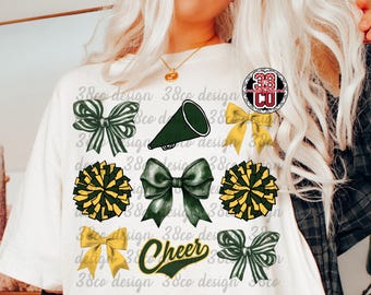 Forest Green Cheer coquette png, cheerleading team, team spirit, school pride, cheer comp day, green and gold cheerleader