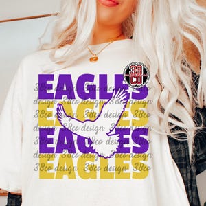 Spieltag in lila und gold, Adler, Sportfan png, Teamgeist, Schulstolz, gestapelter Text, Unisex-Design, Maskottchen Umriss png, gestapelter Text