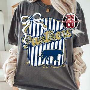 Puede incluir: Camiseta gris oscuro con un dise&ntilde;o gr&aacute;fico. El dise&ntilde;o presenta la palabra "Panthers" en letras doradas, una silueta de pantera azul y un lazo con una huella de pata, sobre un fondo a rayas.