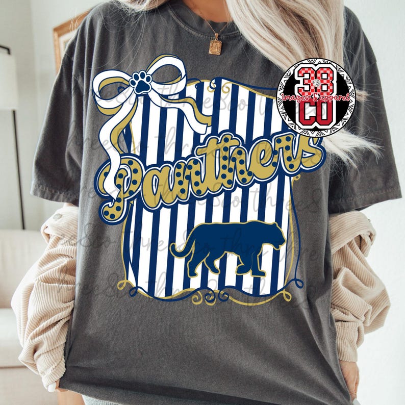 Puede incluir: Camiseta gris oscuro con un dise&ntilde;o gr&aacute;fico. El dise&ntilde;o presenta la palabra "Panthers" en letras doradas, una silueta de pantera azul y un lazo con una huella de pata, sobre un fondo a rayas.
