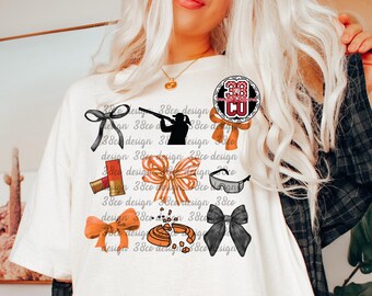 girl shooting skeet coquette png, clay pigeon png, sport shooting png, shooting target png, skeet target png, orange bow png, skeet shooting