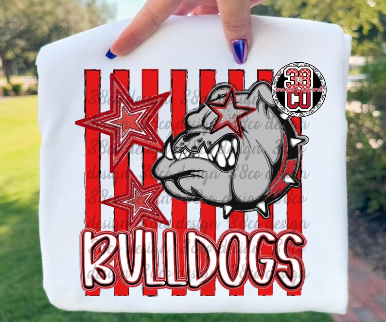 red and black striped mascot png, bulldog, preppy png, striped coquette design, school spirit shirt png file, team design, faux glitter image 3