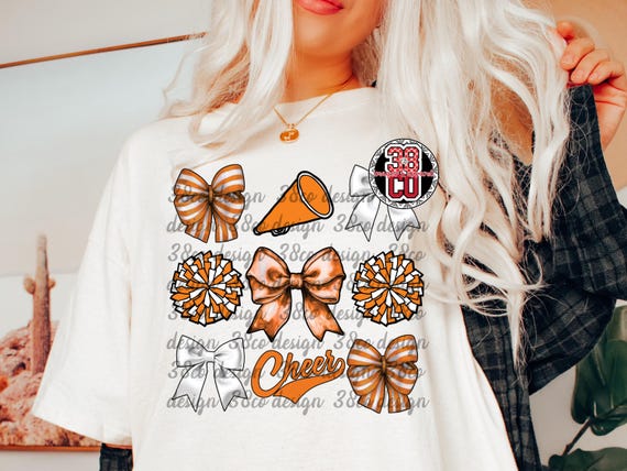 Orange Cheer coquette png, team spirit png, striped bow, cheer coquette design, orange bow png, cheerleading png, Cheer coach