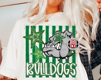 green striped mascot png, bulldog, preppy png, striped coquette design, school spirit shirt png file, team design, faux glitter