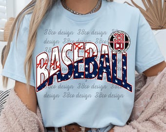 red and blue baseball png, stars, preppy baseball, varsity text arch, America, baseball season, ballpark mom design, team pride, team design