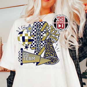 BLUE cheer coquette png, team spirit png, custom mascot, cheer coquette design, gold megaphone png, custom cheerleading png, Cheer png