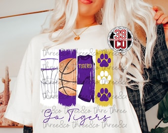 purple Basketball coquette PNG, Basketball brush strokes png, bow design for basketball tee, tigers png, trendy hoop season png