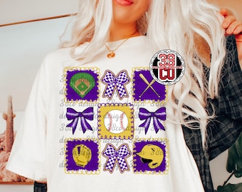 purple and gold baseball coquette png, team spirit design for gameday, baseball bow, helmet, baseball field, ballpark design